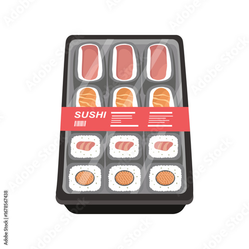 Sushi tray assortment of maki and nigiri for delivery or takeout. Takeaway packaging food. Set of sushi maki and sashimi