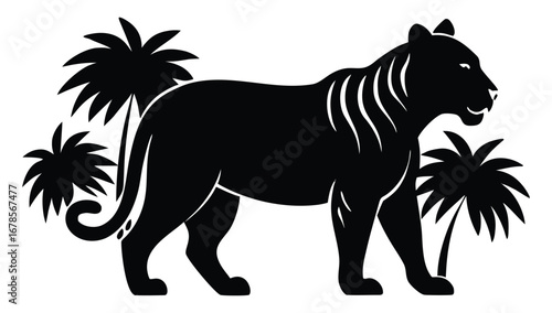 Black panther silhouette illustration standing among stylized palm trees wildlife design