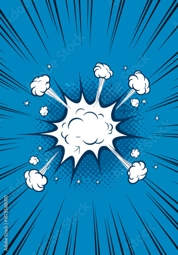 Comic Book Explosion White Burst with Cloudlike Puffs on Blue Radial Background.