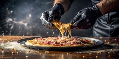 Close-Up Pizza Maker Adding Cheese, Black Gloves, Delicious Pizza, Food Photography, Culinary Image, Restaurant Food