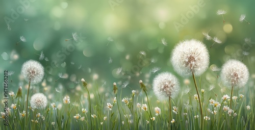 Fluffy dandelions in a field of wildflowers. Soft bokeh background
