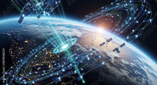 Global communication network with orbiting satellites providing worldwide connectivity and data transmission services