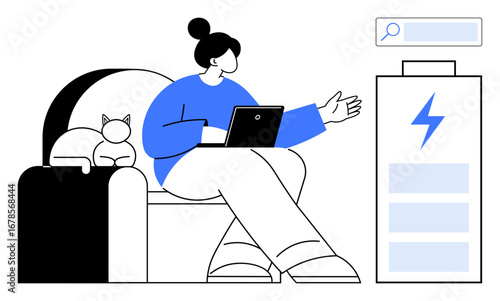 Woman seated on an armchair using a tablet, cat resting beside her, energy monitor showing charge. Ideal for energy management, smart devices, sustainability, relaxation, technology use, lifestyle