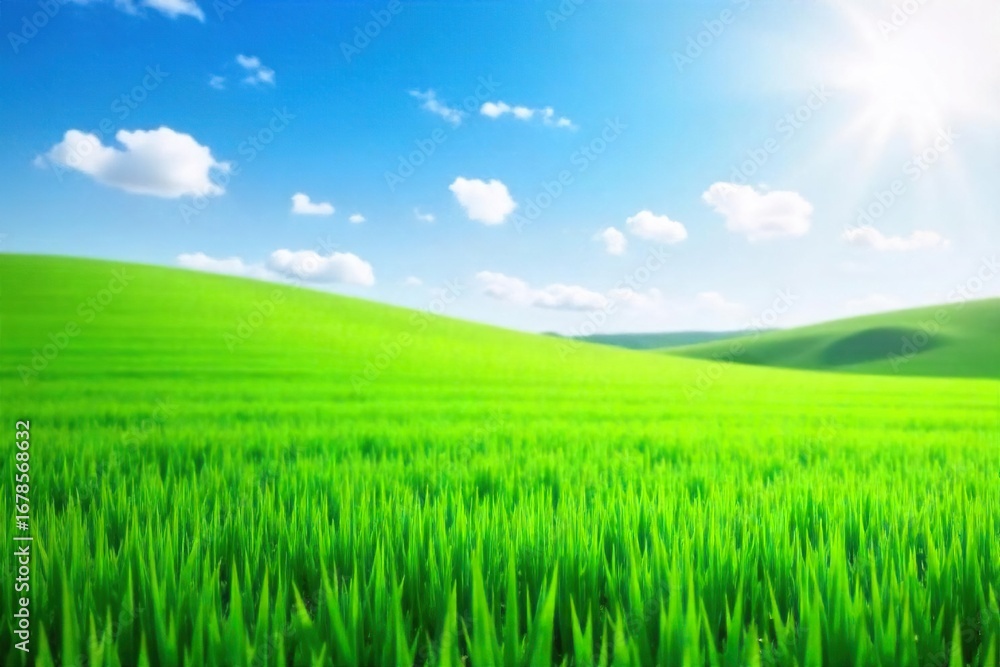 Fototapeta premium Lush green grass, freshly cut and vibrant, stretches to the horizon under a bright summer sky Perfect for nature, spring, or environmental themes , vibrant green, nature, plant