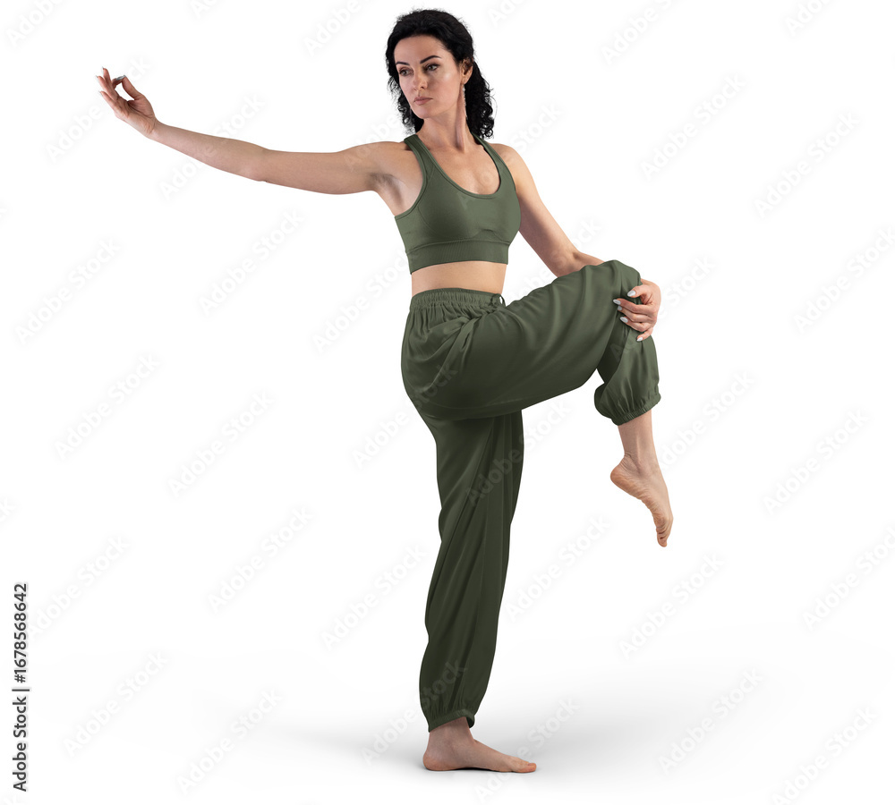 Obraz premium Mockup of green wide pants for yoga, on a woman in full height, side view, png