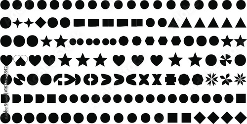 Collection of various black geometric shapes and symbols on white background.