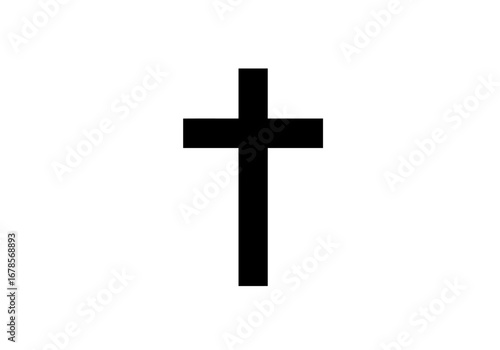 A black Christian cross is centered against a white background