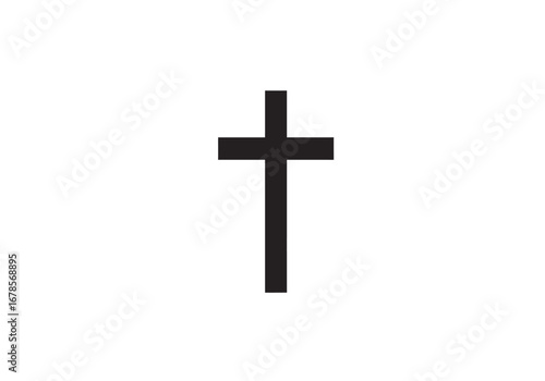 A black Christian cross stands centered against a stark white background
