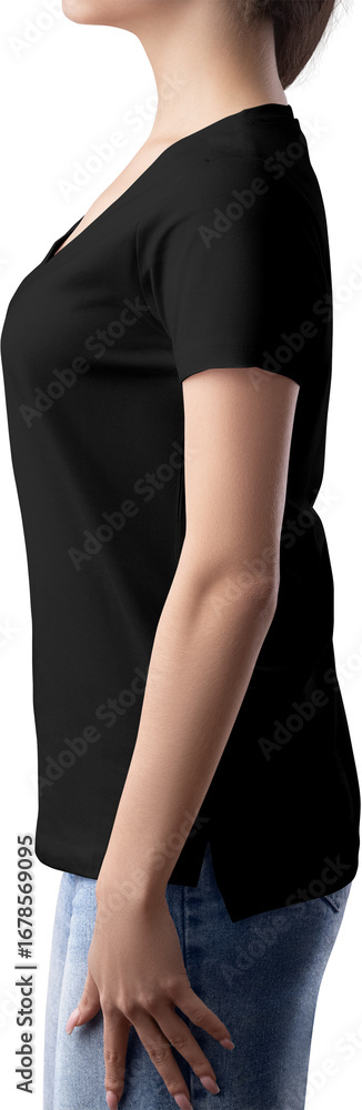 Fototapeta premium Black t-shirt mockup with pocket, v-neck on girl, png, side view