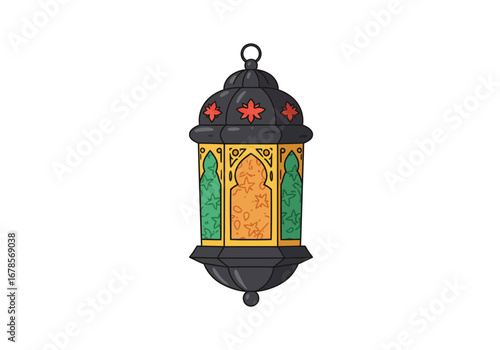 A hanging ornate black  gold lantern with red star details  geometric designs on colored glass panels