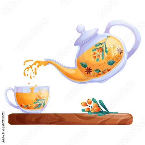 An illustration with elements of autumn, a cup and a kettle of sea buckthorn tea. Isolated vector illustration for seasonal design of postcards, banners, posters.