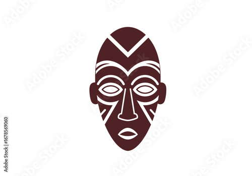 A maroon African mask with white accents against a white background