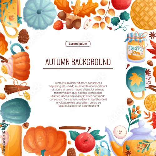 Bright background with autumn elements. Square frame with autumn leaves, drinks and food for poster, flyer, postcard and invitations to autumn parties. Vector illustration