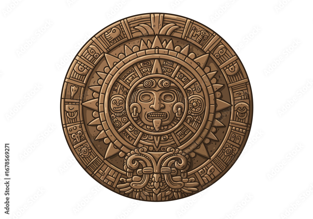 Obraz premium Aztec sun stone circular brown carved details central face