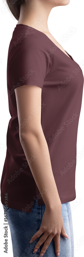 Fototapeta premium Mockup burgundy t-shirt with pocket, v-neck on girl, png, side view