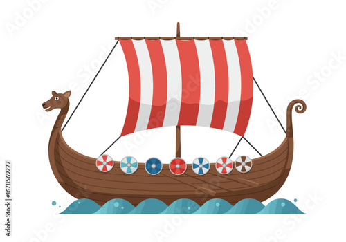 A Viking longship sails on water with a striped sail and shields along the sides