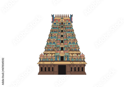 An Indian temple with intricate detailing and a tiered structure