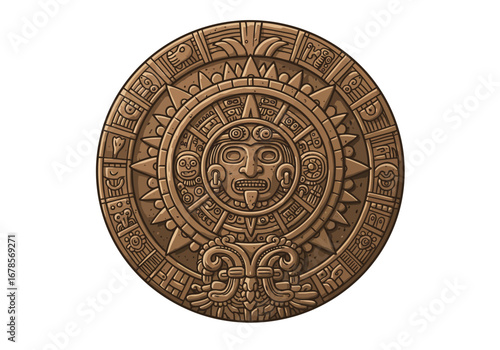 Aztec sun stone circular brown carved details central face