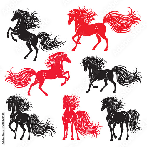 Vector collection of horse silhouettes, both black and fiery red, in various dynamic poses. Perfect for themes of power, freedom, and the Chinese Year of the Red Fire Horse. Isolated set on white.