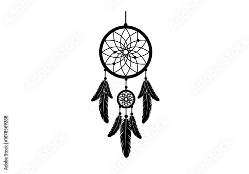 Black and white dreamcatcher design with feathers and intricate web patterns