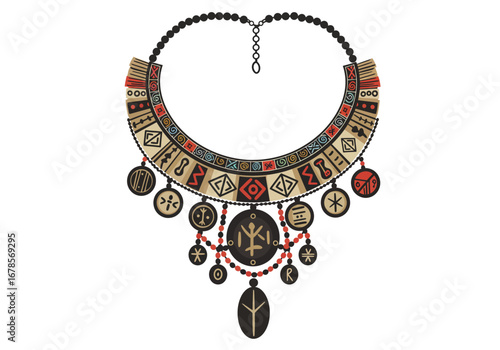Beaded necklace wcircular  rectangle motifs  dangling pendants bearing unique symbols