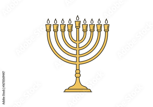 Golden Hanukkah menorah nine lit candles