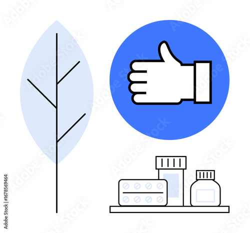 Leaf symbol represents sustainability, medicines signify healthcare, and thumbs-up gesture approval. Ideal for wellness, eco-friendly products, pharmaceutical industry, healthcare campaigns