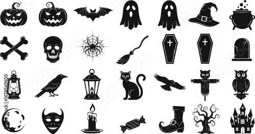 Halloween icon set featuring spooky symbols like pumpkins, ghosts, witches, cats, spiders, ravens, and castles