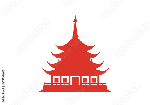 Red pagoda silhouette stands out against a white background