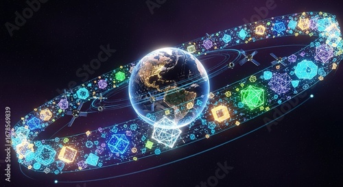 Bilde på lerret Advanced global satellite network surrounding Earth for secure, powerful global