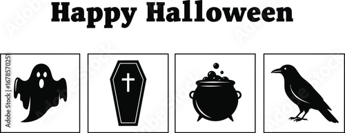 Happy halloween with ghost, coffin, cauldron, and raven for holiday celebration in october season