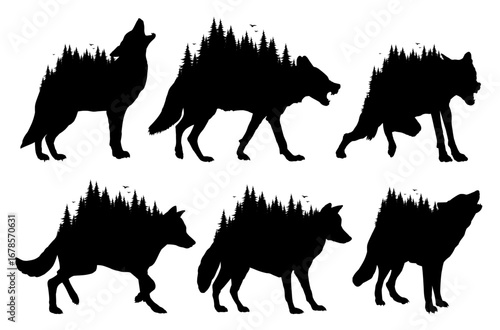 Silhouettes of wolves with coniferous forest.