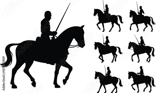 Horse rider silhouette, sword rider, horseback warrior, equestrian pose, black silhouette, riding action, horse movement, dramatic posture, medieval rider, horseman silhouette,