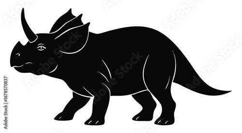 Black silhouette of triceratops dinosaur walking isolated on a white background