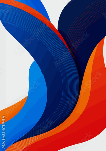 Dynamic abstract composition with flowing blue red and orange wavy shapes and fine lines.