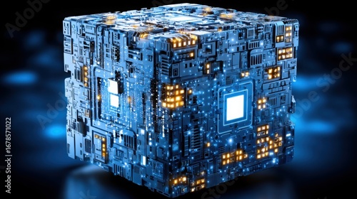 Fototapeta Naklejka Na Ścianę i Meble -  Dazzling cube composed of glowing lights emitting a radiant energy in a futuristic digital environment