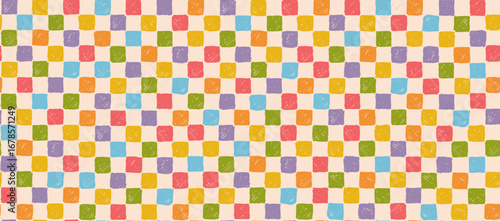 Seamless abstract childish checkered pattern. Colorful hand drawn texture rough squares grid, vector playful checkerboard print