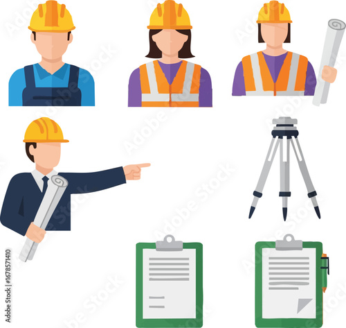 Flat design icons representing construction workers, engineers, and managers, with hard hats, blueprints, clipboards, and a surveying tripod.