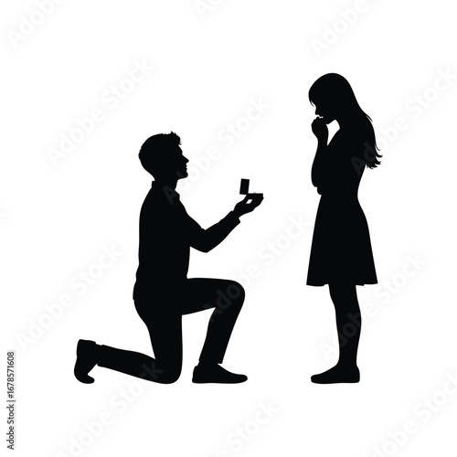 Silhouette of a man proposing to a woman, representing love, commitment, and marriage