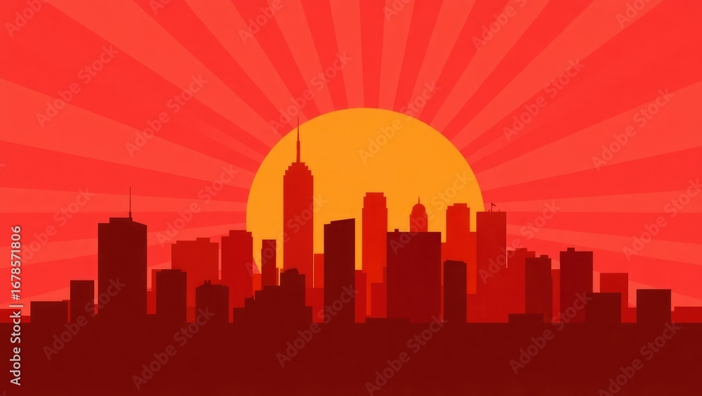 Fototapeta premium Silhouette of a city skyline with buildings and a rising sun, creating a warm, stylized cityscape.