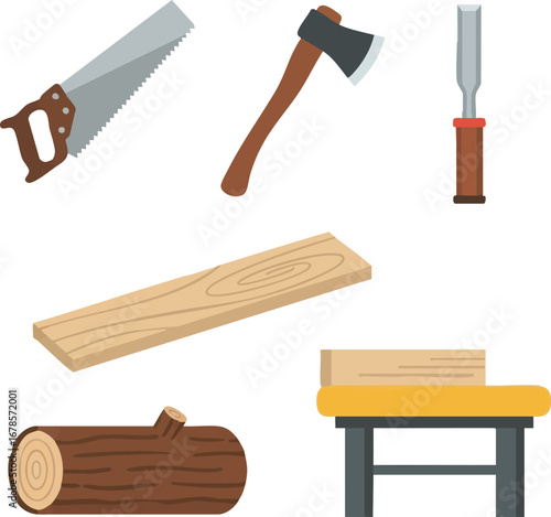 This image showcases essential tools and raw materials used in traditional woodworking and carpentry, highlighting the craft of shaping timber.