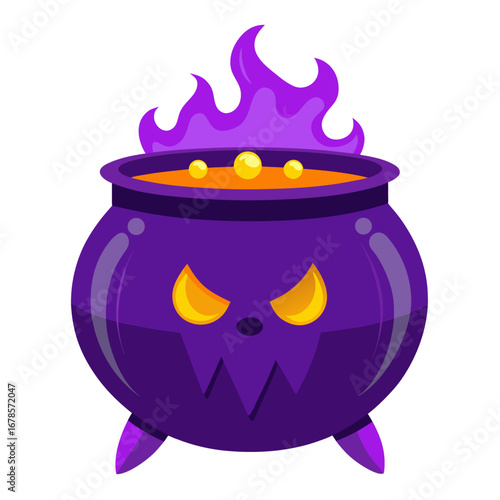 Isolated purple cauldron filled with orange liquid, Halloween concept