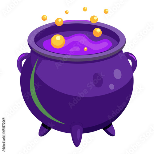Isolated purple cauldron filled with orange bubble, Halloween concept