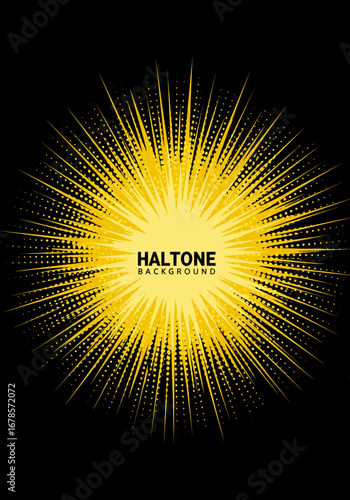 Golden Halftone Burst Radiant Sunbeam Design with Dotted Texture.