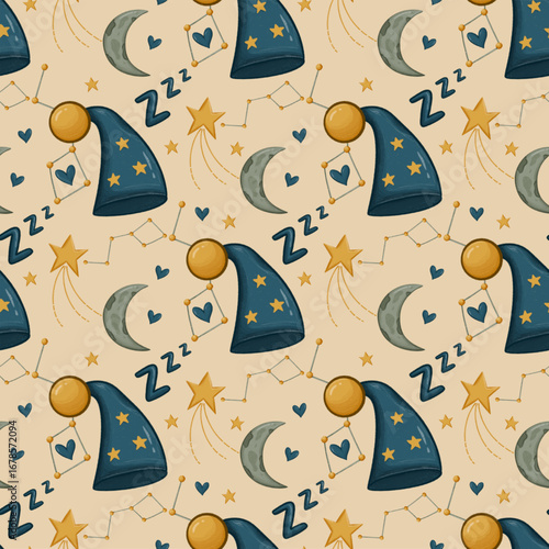 Cute Sleep Hat With Constellation Of Stars Seamless Pattern Background Wallpaper