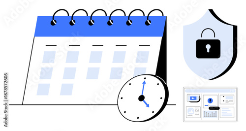Calendar with marked dates, clock indicating time, shield with padlock, and digital dashboard. Ideal for time management, security, planning, deadlines, productivity organization simple flat