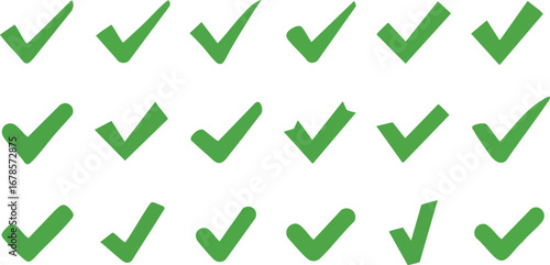 Collection of green checkmarks, various styles, confirmation symbols.