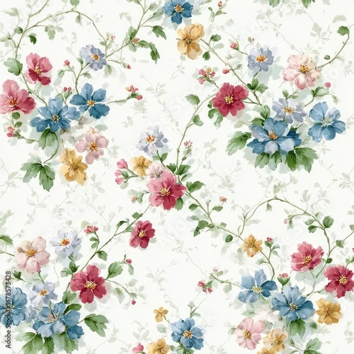 Seamless watercolor pattern of small floral and ribbon motifs on white background, featuring colorful flowers, blue bows, green leaves and vines, delicate antique English cottage garden style