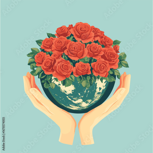 Hands Holding Earth Covered in Red Roses, vector style simple color