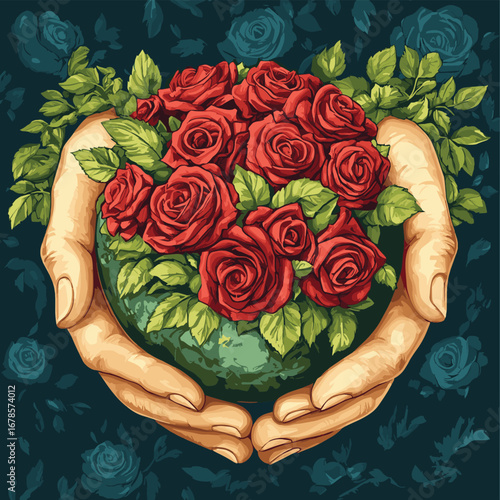 Hands Holding Earth Covered in Red Roses, vector style simple color